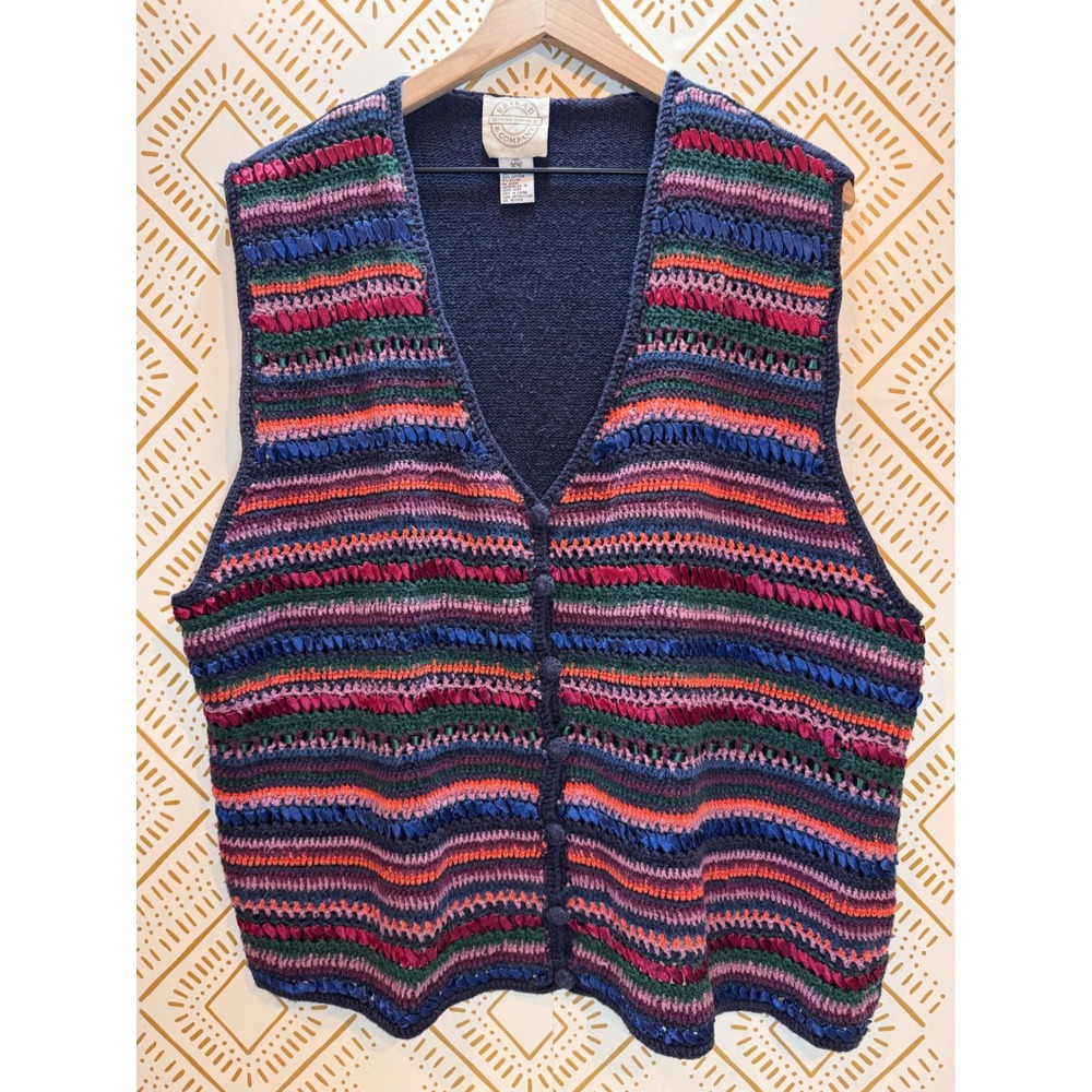 Vintage Crochet Vest Women XL Blue Multicolor Striped Boho Eclectic Grannycore